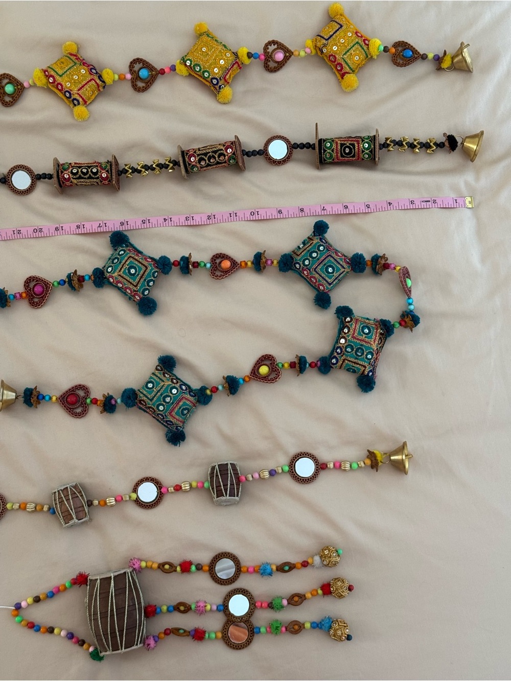 Handmade Embellished Hanging Garland Set with Mirrors and Pom-Poms
